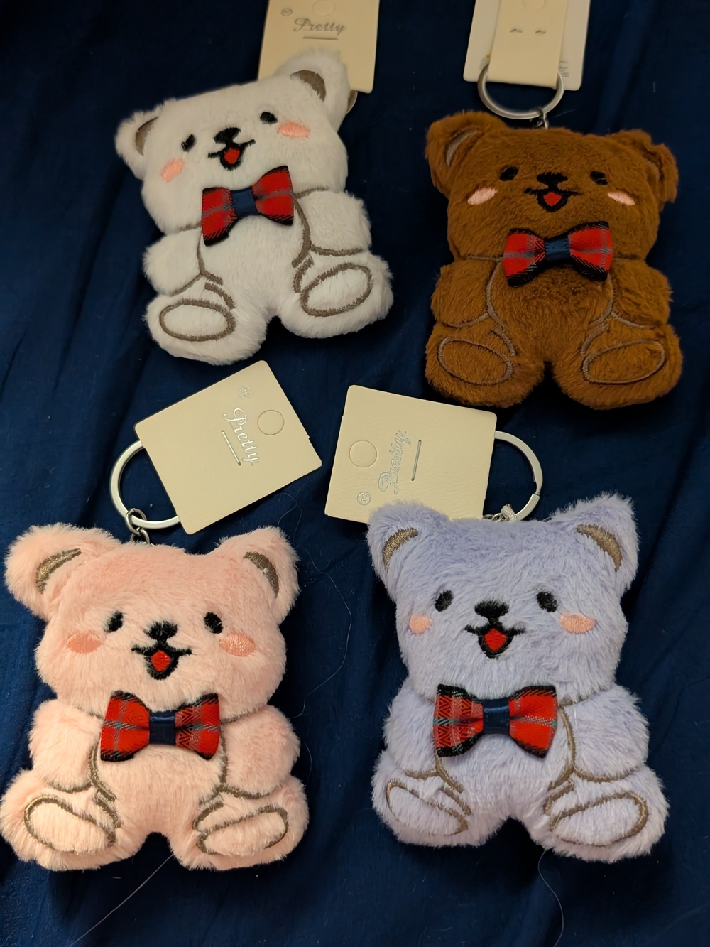 Plush Bear Keychain with Red Plaid Bow (Set of 4)